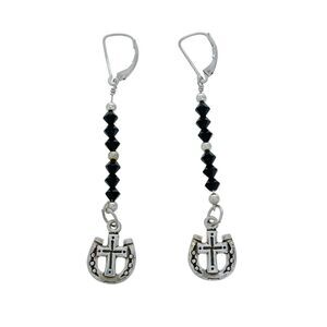 Black Crystal Horseshoe Cross Earrings | Vintage Sterling Silver 925